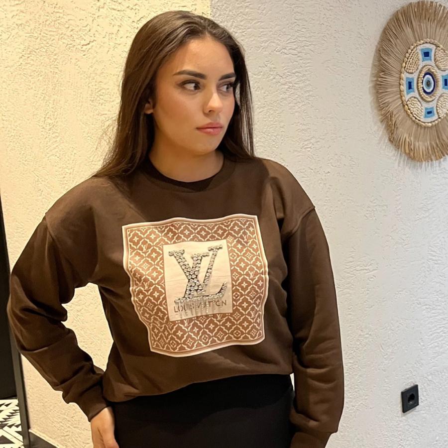 LV Taşlı Sweat Kahverengi Boyu 65 cm