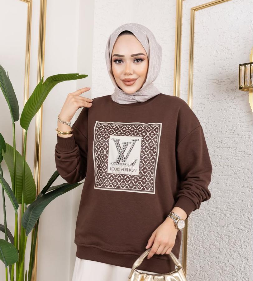 LV Taşlı Sweat Kahverengi Boyu 65 cm